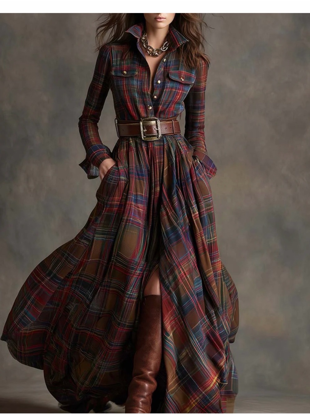Long Plaid Shirt Dress in Brown with belt. Runs small this is actually an XL - Picture 1 of 4